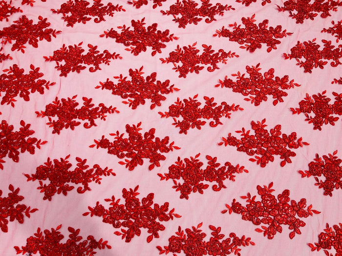 Flower Cluster Fabric - Red - Embroidered Floral Design With Sequins on Mesh Lace Fabric