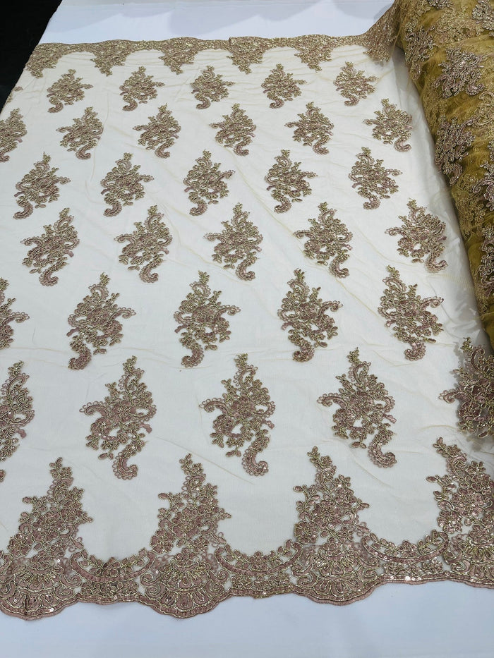 Flower Lace Fabric - Gold Rose with Metallic Thread - Floral Cluster Embroidered Design on Mesh Lace Fabric