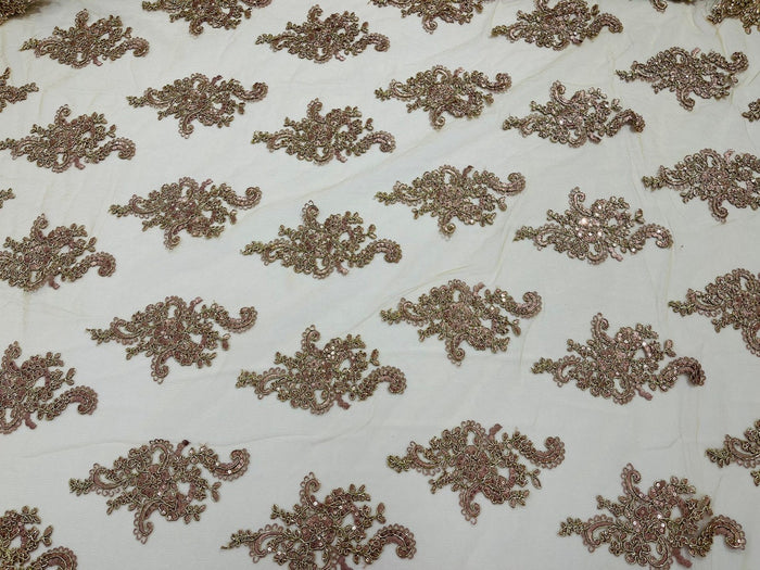 Flower Lace Fabric - Gold Rose with Metallic Thread - Floral Cluster Embroidered Design on Mesh Lace Fabric