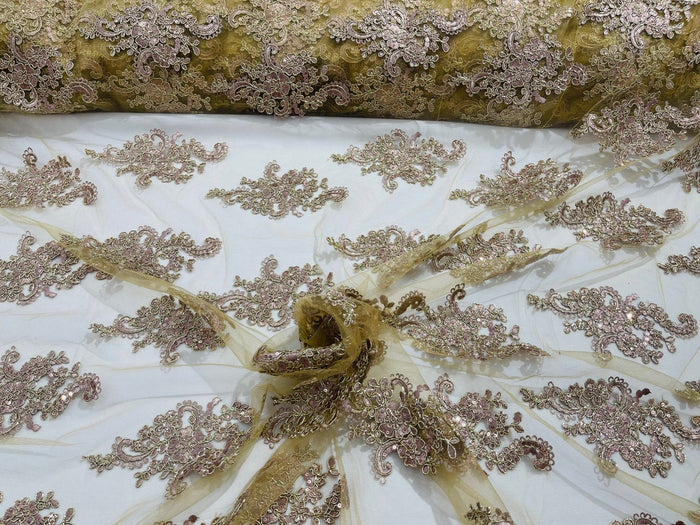 Flower Lace Fabric - Gold Rose with Metallic Thread - Floral Cluster Embroidered Design on Mesh Lace Fabric