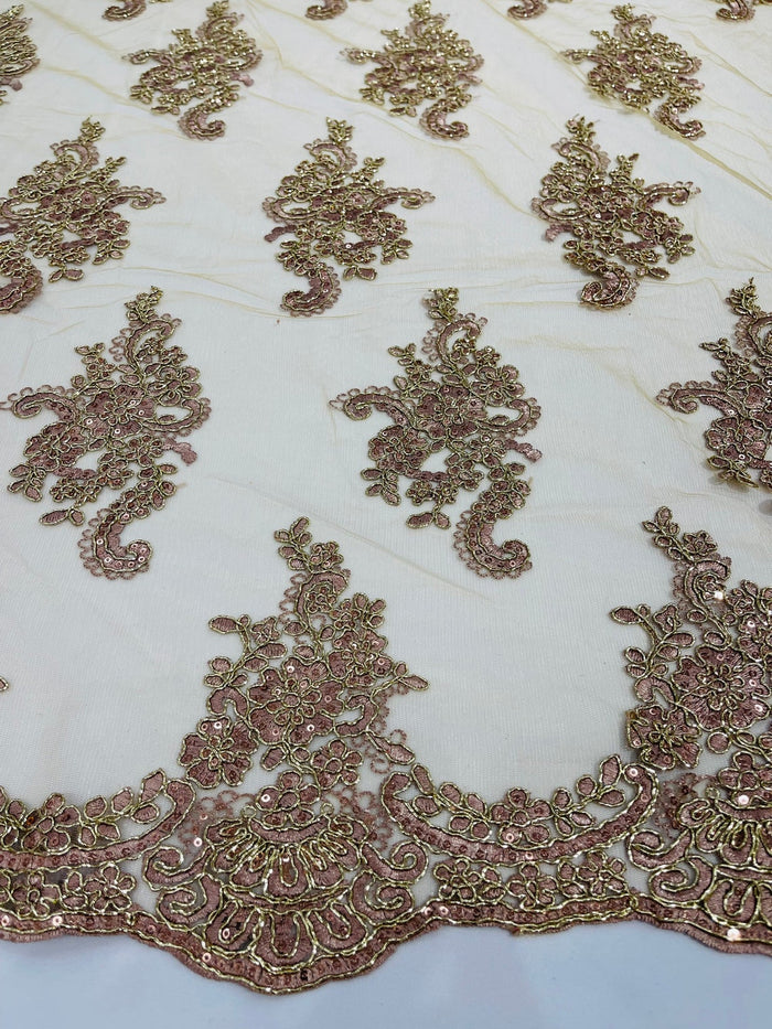 Flower Lace Fabric - Gold Rose with Metallic Thread - Floral Cluster Embroidered Design on Mesh Lace Fabric