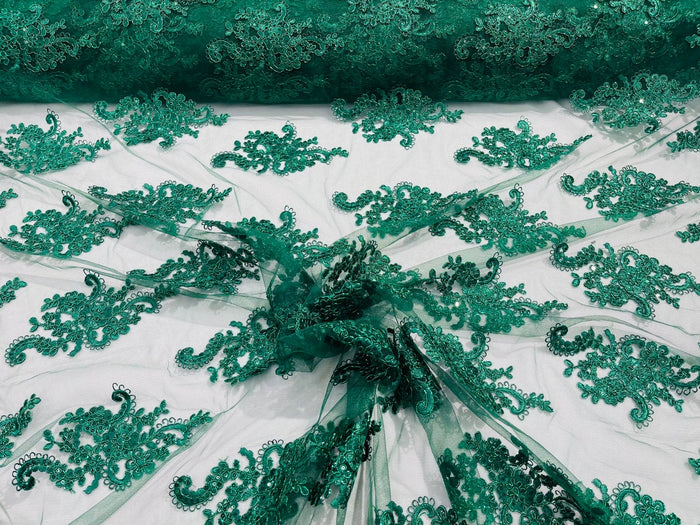 Flower Lace Fabric - Hunter Green with Metallic Thread - Floral Cluster Embroidered Design on Mesh Lace Fabric