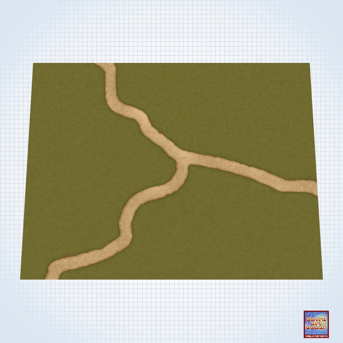 Fork in the Road on a Grassy Field - #GM301 - 60" x 80" (4' x 6' plus) Fleece Table Top Gaming Mat