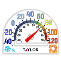 Four Seasons cling thermometer with multicolored temperature scale on a white surface