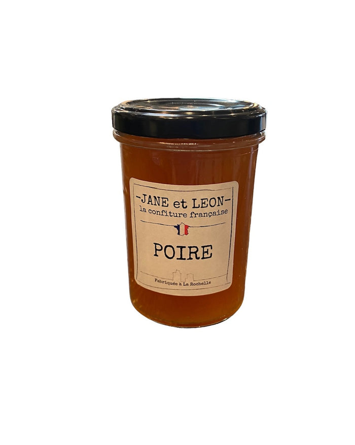 Amber jam jar with black lid, cream label reading “POIRE”.