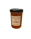 Amber jam jar with black lid, cream label reading “POIRE”.