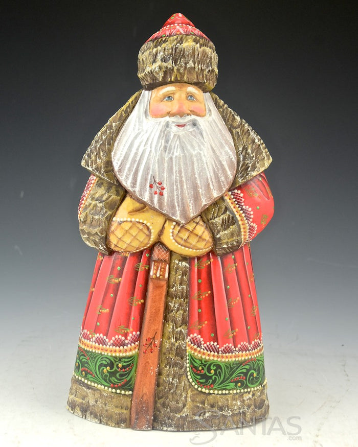 Frosted Red Green and Gold Russian Santa Carving with Staff
