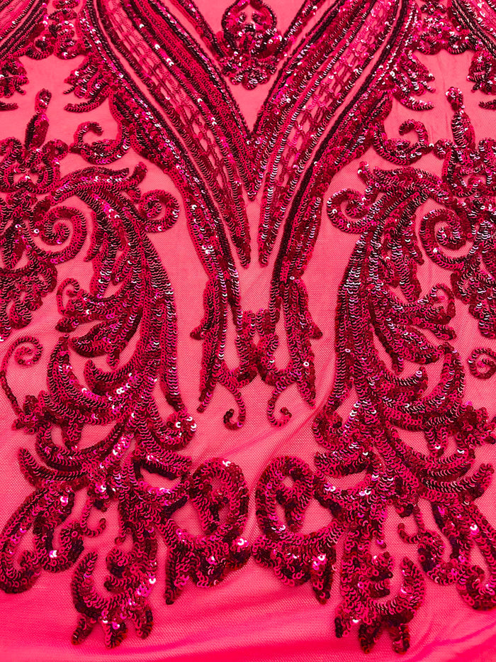 Fuchsia Sequins Fabric on Mesh, Damask Design 4 Way Stretch Sequin Fabric Sold By The Yard