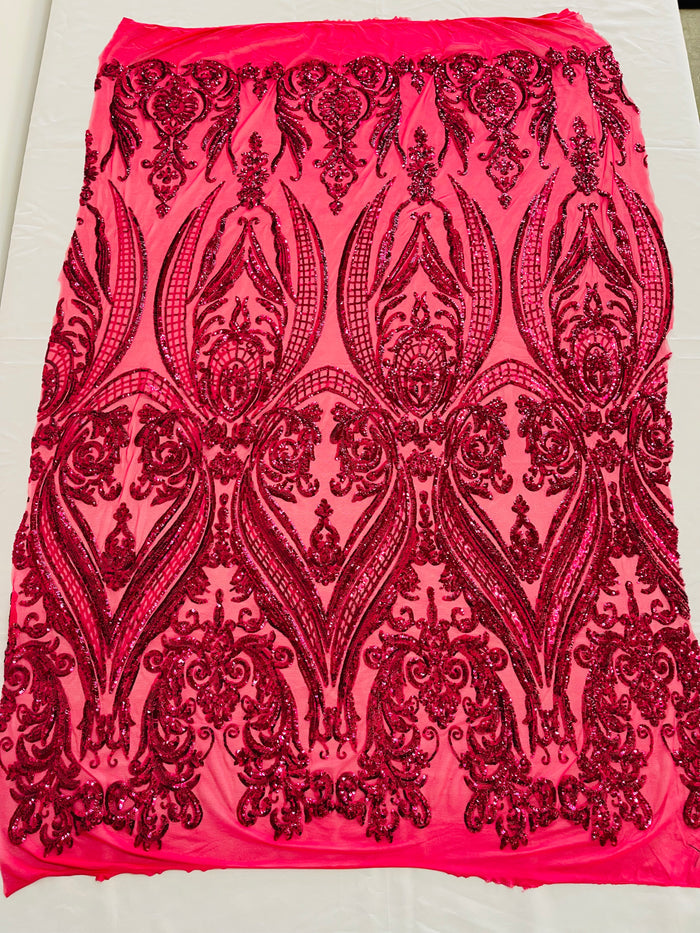 Fuchsia Sequins Fabric on Mesh, Damask Design 4 Way Stretch Sequin Fabric Sold By The Yard