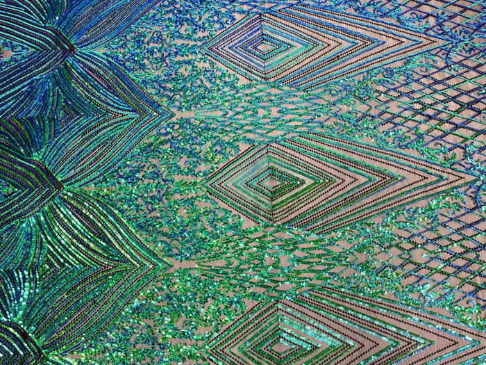 Geometric Sequin Fabric - Green Mermaid - Fancy Design 4 Way Stretch Lace Sequin By Yard