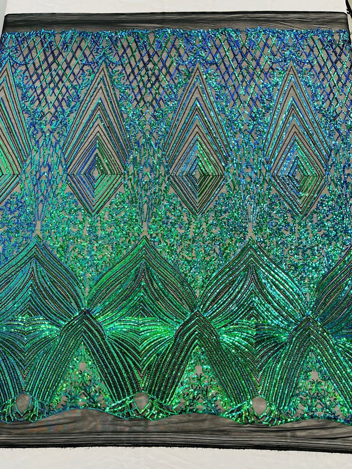 Geometric Sequin Fabric - Green Mermaid - Fancy Design 4 Way Stretch Lace Sequin By Yard