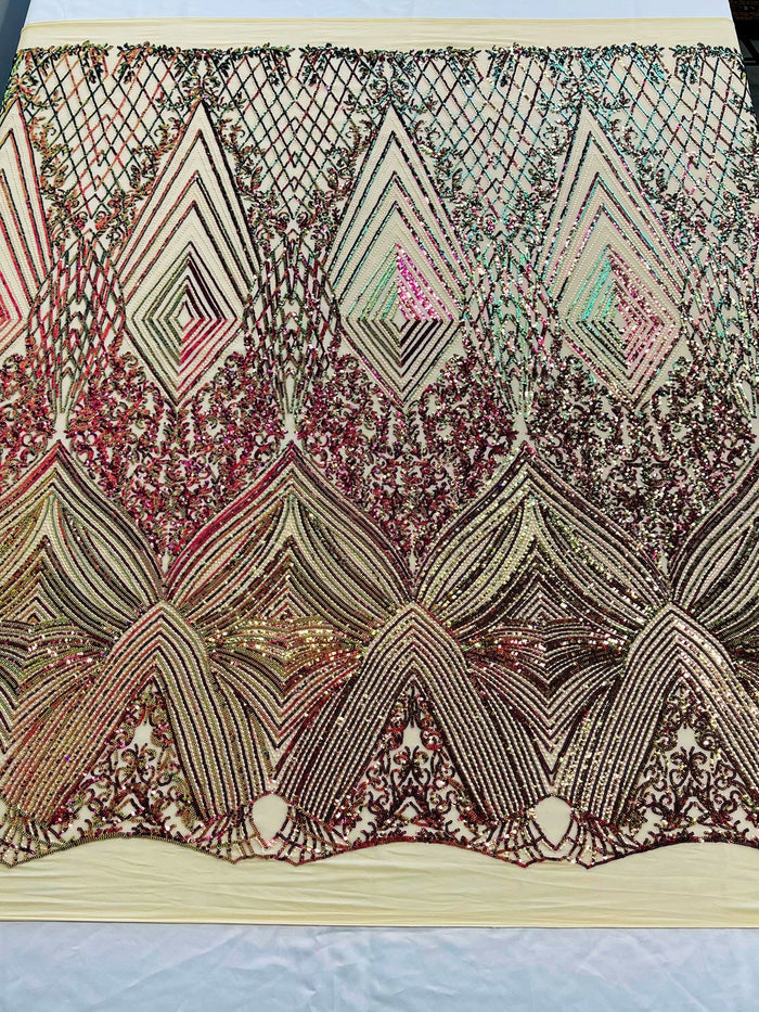 Geometric Sequin Fabric - Green / Purple Iridescent - Fancy Design 4 Way Stretch Lace Sequin By Yard