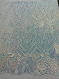 Geometric Sequin Fabric - Iridescent Clear - Fancy Design 4 Way Stretch Lace Sequin By Yard