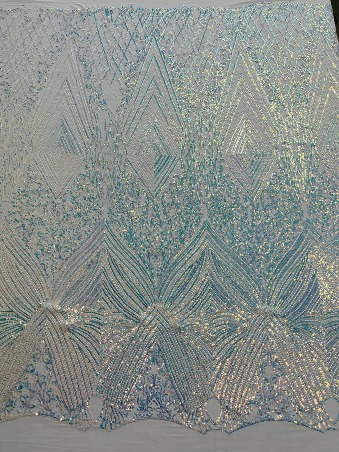 Geometric Sequin Fabric - Iridescent Clear - Fancy Design 4 Way Stretch Lace Sequin By Yard
