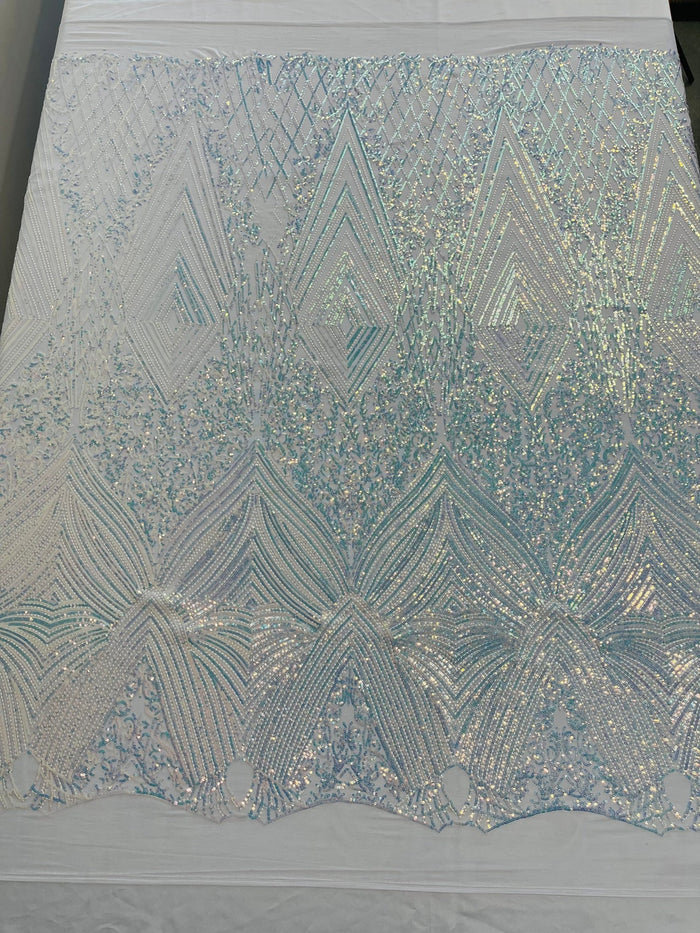 Geometric Sequin Fabric - Iridescent Clear - Fancy Design 4 Way Stretch Lace Sequin By Yard