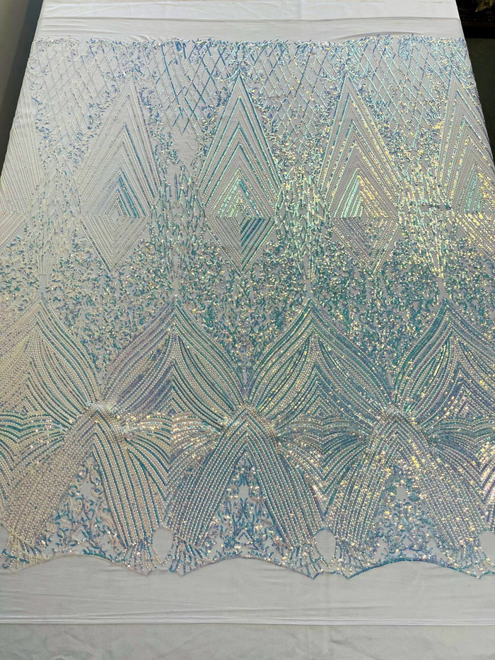 Geometric Sequin Fabric - Iridescent Clear - Fancy Design 4 Way Stretch Lace Sequin By Yard