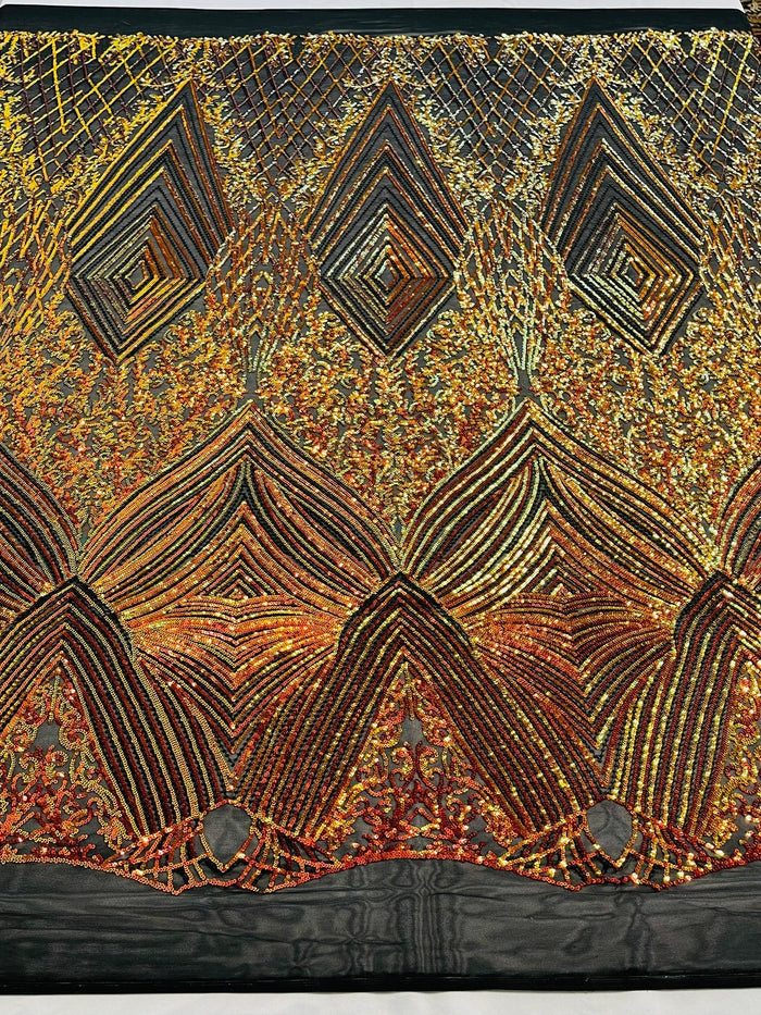 Geometric Sequin Fabric - Iridescent Orange on Black - Fancy Design 4 Way Stretch Lace Sequin By Yard