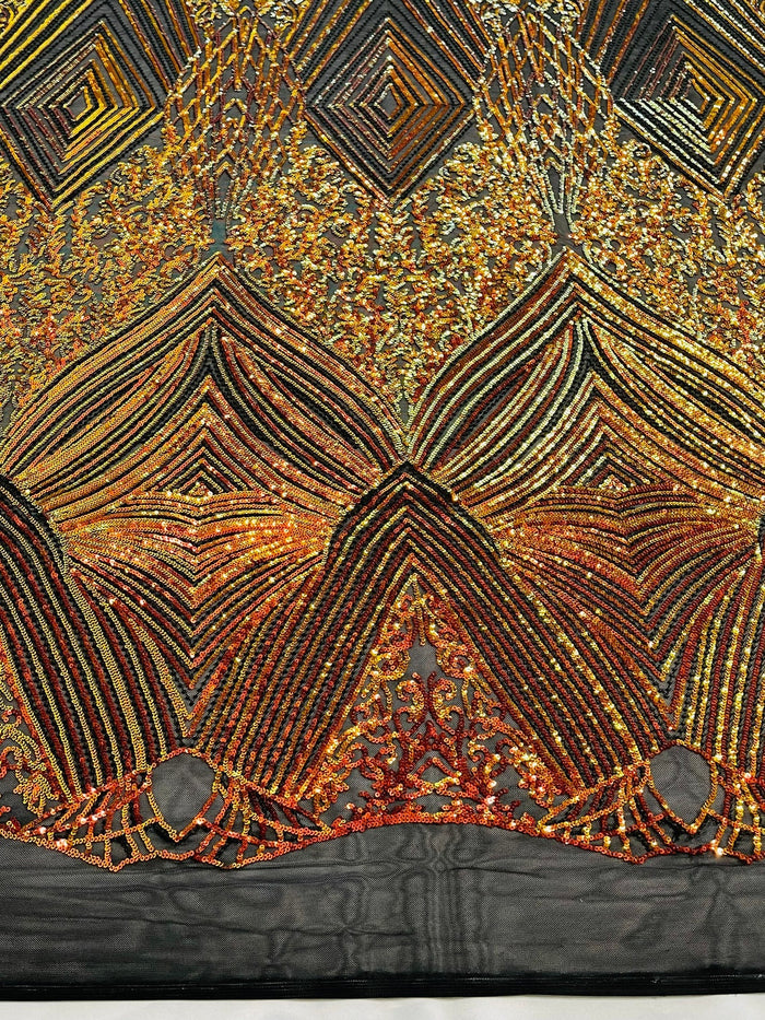Geometric Sequin Fabric - Iridescent Orange on Black - Fancy Design 4 Way Stretch Lace Sequin By Yard