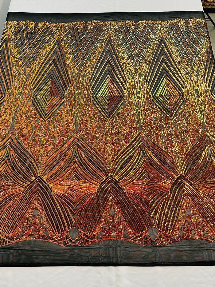 Geometric Sequin Fabric - Iridescent Orange on Black - Fancy Design 4 Way Stretch Lace Sequin By Yard