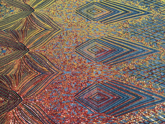 Geometric Sequin Fabric - Iridescent Orange on Black - Fancy Design 4 Way Stretch Lace Sequin By Yard