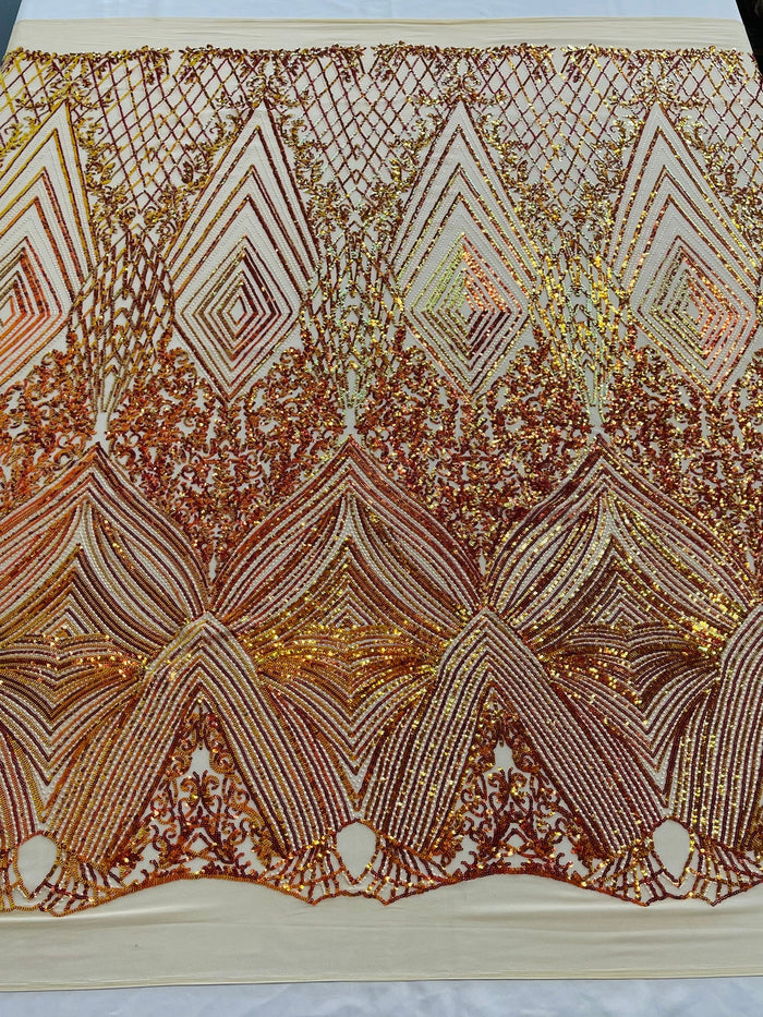 Geometric Sequin Fabric - Iridescent Orange on Nude - Fancy Design 4 Way Stretch Lace Sequin By Yard