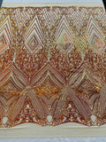 Geometric Sequin Fabric - Iridescent Orange on Nude - Fancy Design 4 Way Stretch Lace Sequin By Yard