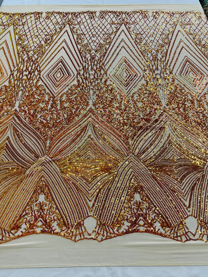 Geometric Sequin Fabric - Iridescent Orange on Nude - Fancy Design 4 Way Stretch Lace Sequin By Yard