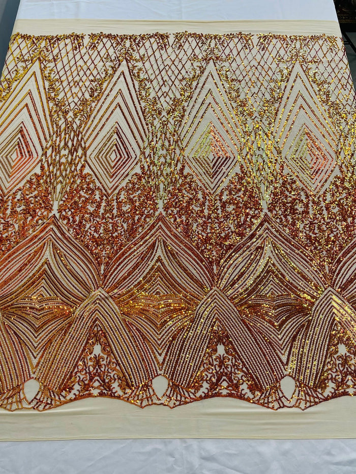 Geometric Sequin Fabric - Iridescent Orange on Nude - Fancy Design 4 Way Stretch Lace Sequin By Yard