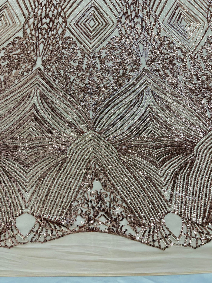 Geometric Sequin Fabric - Rose Gold - Fancy Design 4 Way Stretch Lace Sequin By Yard