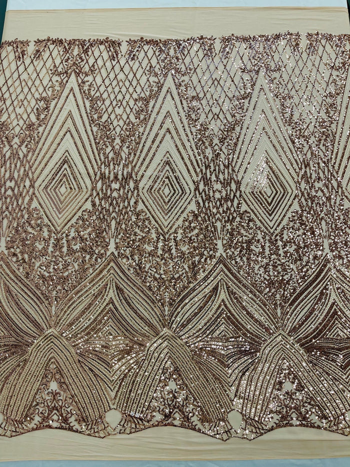 Geometric Sequin Fabric - Rose Gold - Fancy Design 4 Way Stretch Lace Sequin By Yard