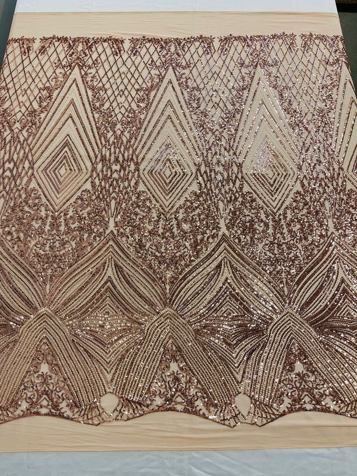 Geometric Sequin Fabric - Rose Gold - Fancy Design 4 Way Stretch Lace Sequin By Yard
