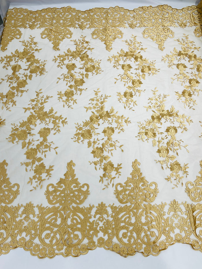 Gold Bridal Lace - By The Yard - Floral Damask Design Embroidered on Mesh Lace Fabric