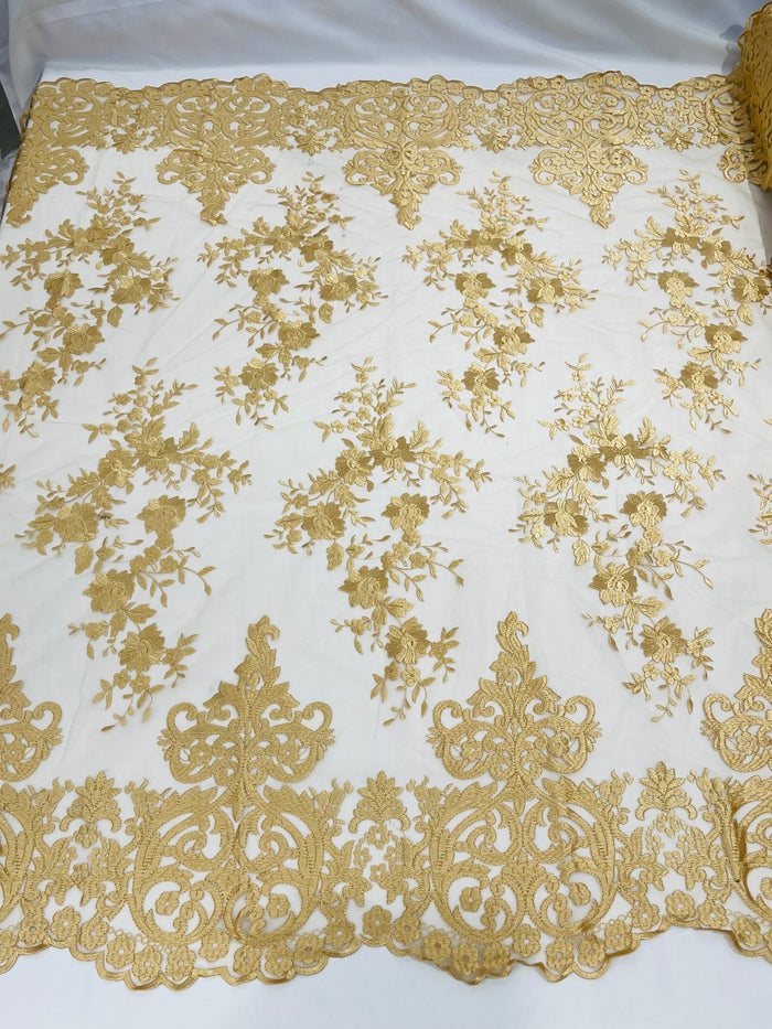 Gold Bridal Lace - By The Yard - Floral Damask Design Embroidered on Mesh Lace Fabric