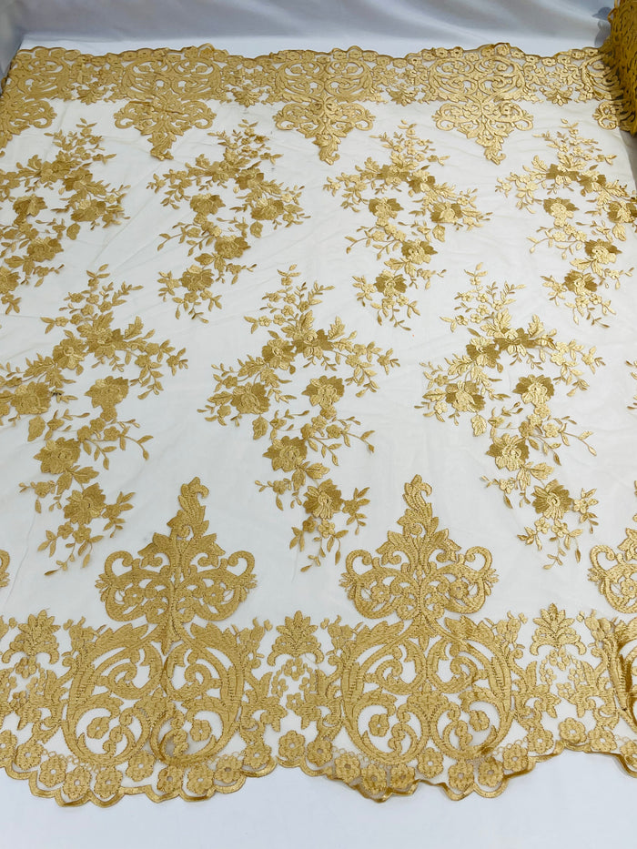 Gold Bridal Lace - By The Yard - Floral Damask Design Embroidered on Mesh Lace Fabric