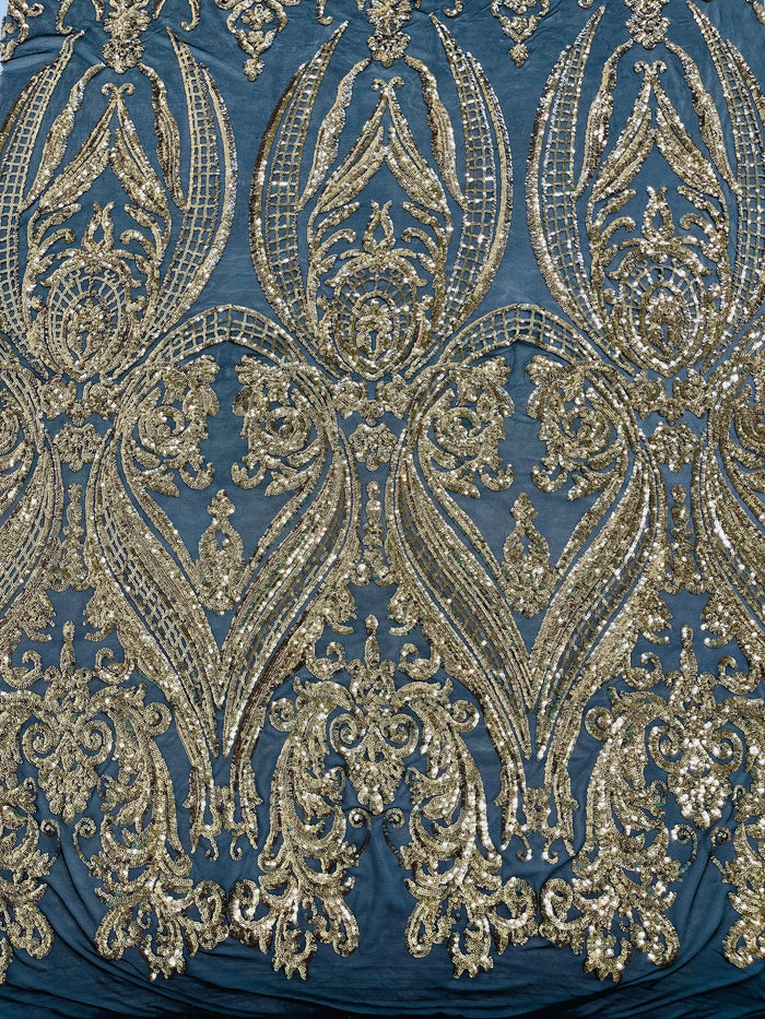 Gold Sequins Fabric on Black Mesh, Damask Design 4 Way Stretch Sequin Fabric Sold By The Yard