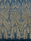 Gold Sequins Fabric on Black Mesh, Damask Design 4 Way Stretch Sequin Fabric Sold By The Yard