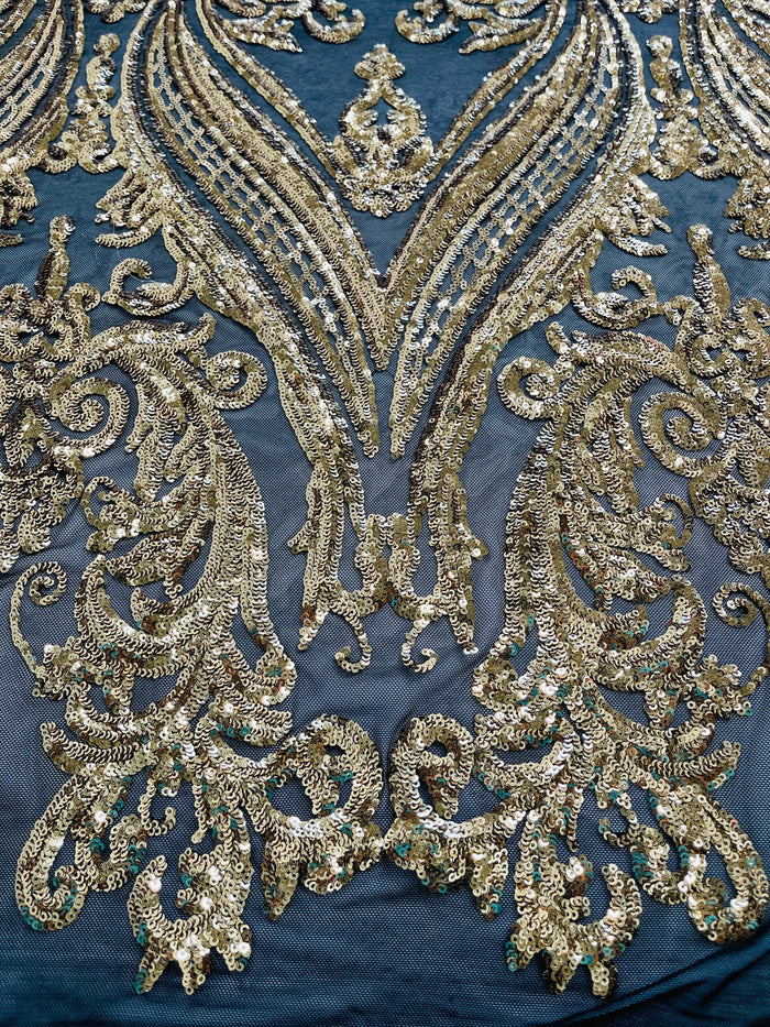 Gold Sequins Fabric on Black Mesh, Damask Design 4 Way Stretch Sequin Fabric Sold By The Yard