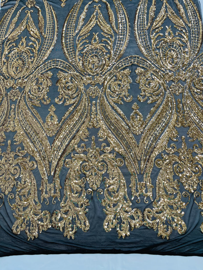 Gold Sequins Fabric on Black Mesh, Damask Design 4 Way Stretch Sequin Fabric Sold By The Yard
