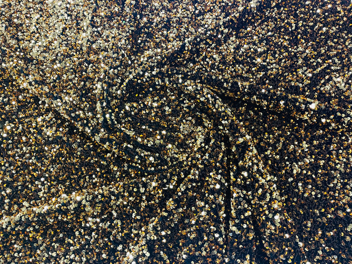 Gold Sequins Fabric on Black Stretch Velvet - By The Yard - all Over 5mm Sequins 58”/60