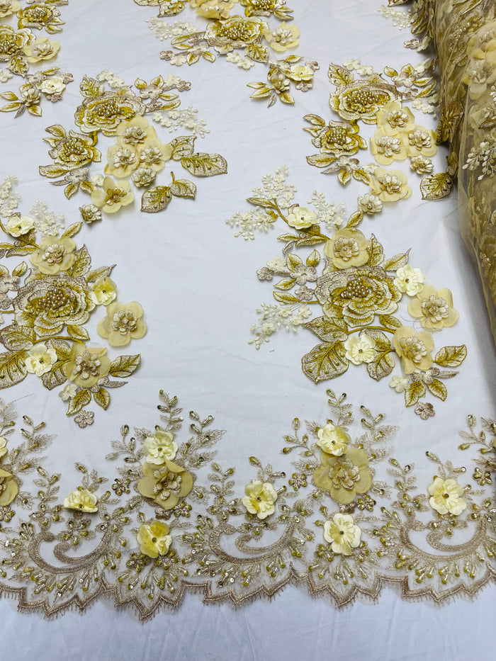 Gold/Yellow 3D Floral Design Embroider and Beaded With Pearls On a Mesh Lace-Prom-Dresses By The Yard