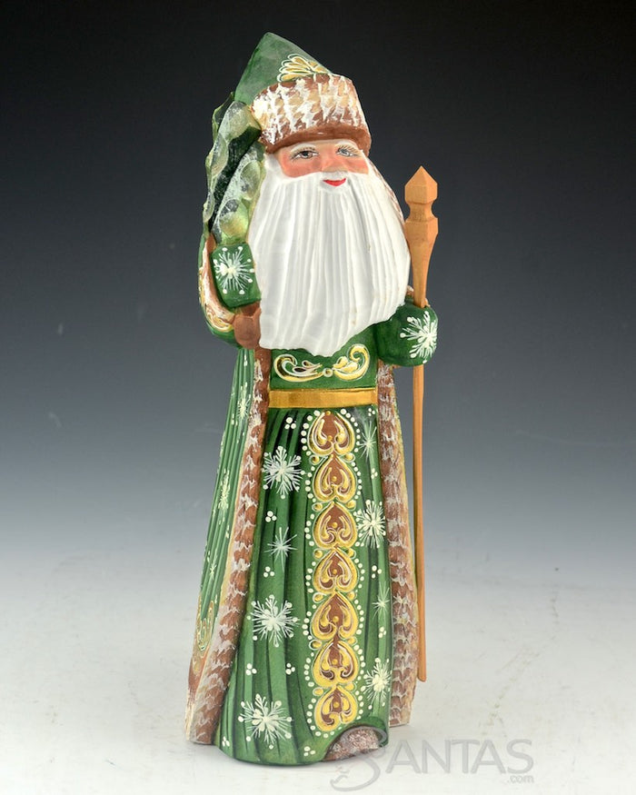 Green and Gold Carved Russian Santa With Tree over Shoulder