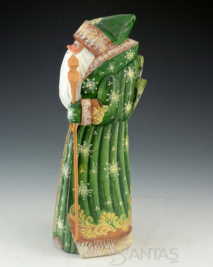 Green and Gold Carved Russian Santa With Tree over Shoulder