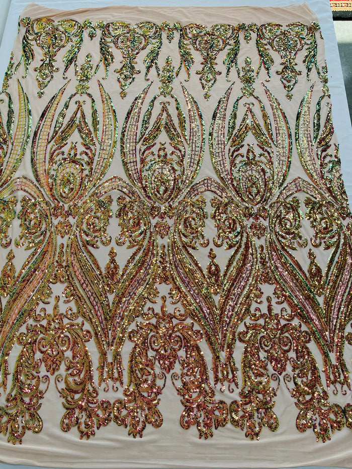 Green Purple Iridescent Sequins Fabric on Nude Mesh, Damask Design 4Way Stretch Sequin By The Yard