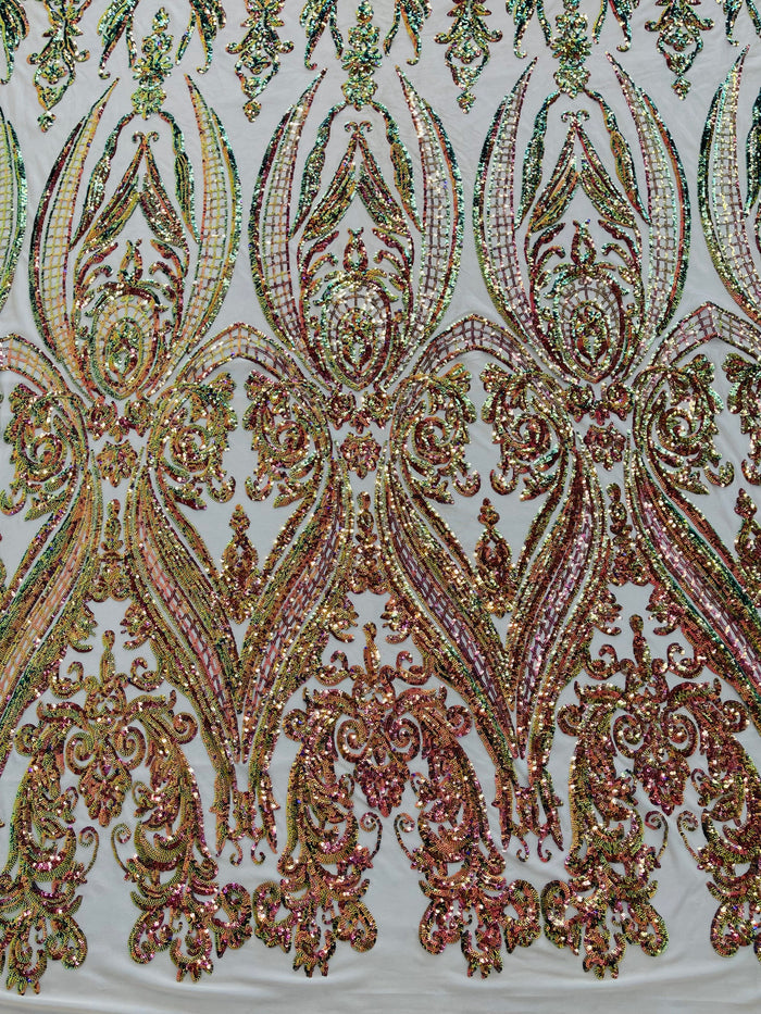 Green Purple Iridescent Sequins Fabric on Nude Mesh, Damask Design 4Way Stretch Sequin By The Yard