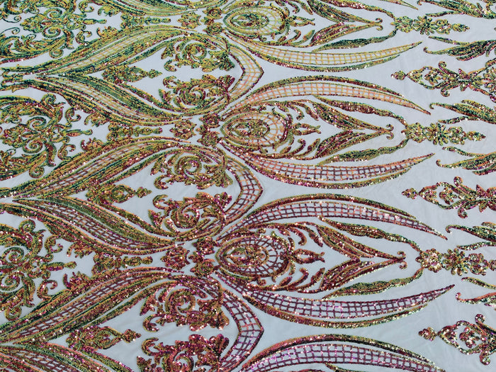 Green Purple Iridescent Sequins Fabric on Nude Mesh, Damask Design 4Way Stretch Sequin By The Yard