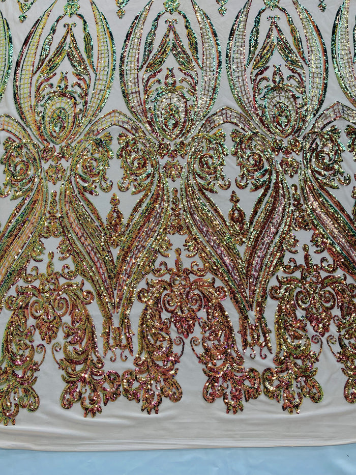 Green Purple Iridescent Sequins Fabric on Nude Mesh, Damask Design 4Way Stretch Sequin By The Yard