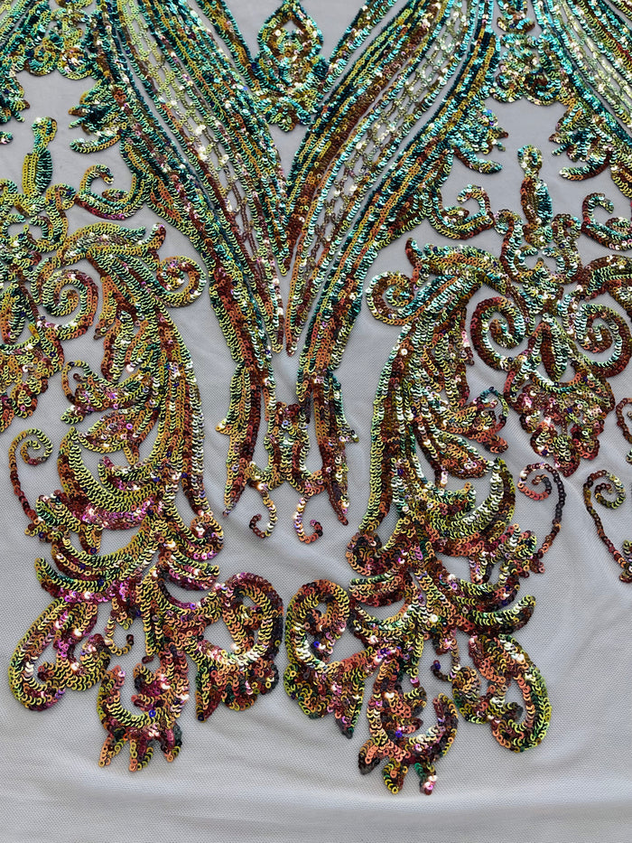 Green Purple Iridescent Sequins Fabric on Nude Mesh, Damask Design 4Way Stretch Sequin By The Yard