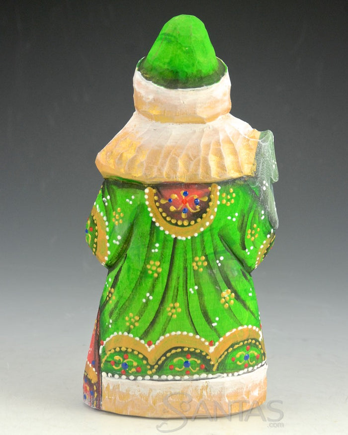 Green, Red and White Santa Carving with Christmas Tree and Toy Bag 6 inch