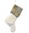 Handmade Christmas stocking, white with blue and tan patchwork cuff