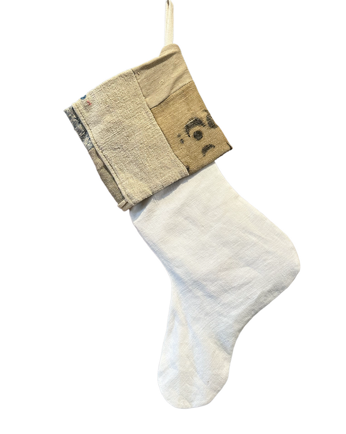 Handmade Christmas stocking, white with tan cuff and stitched face patch